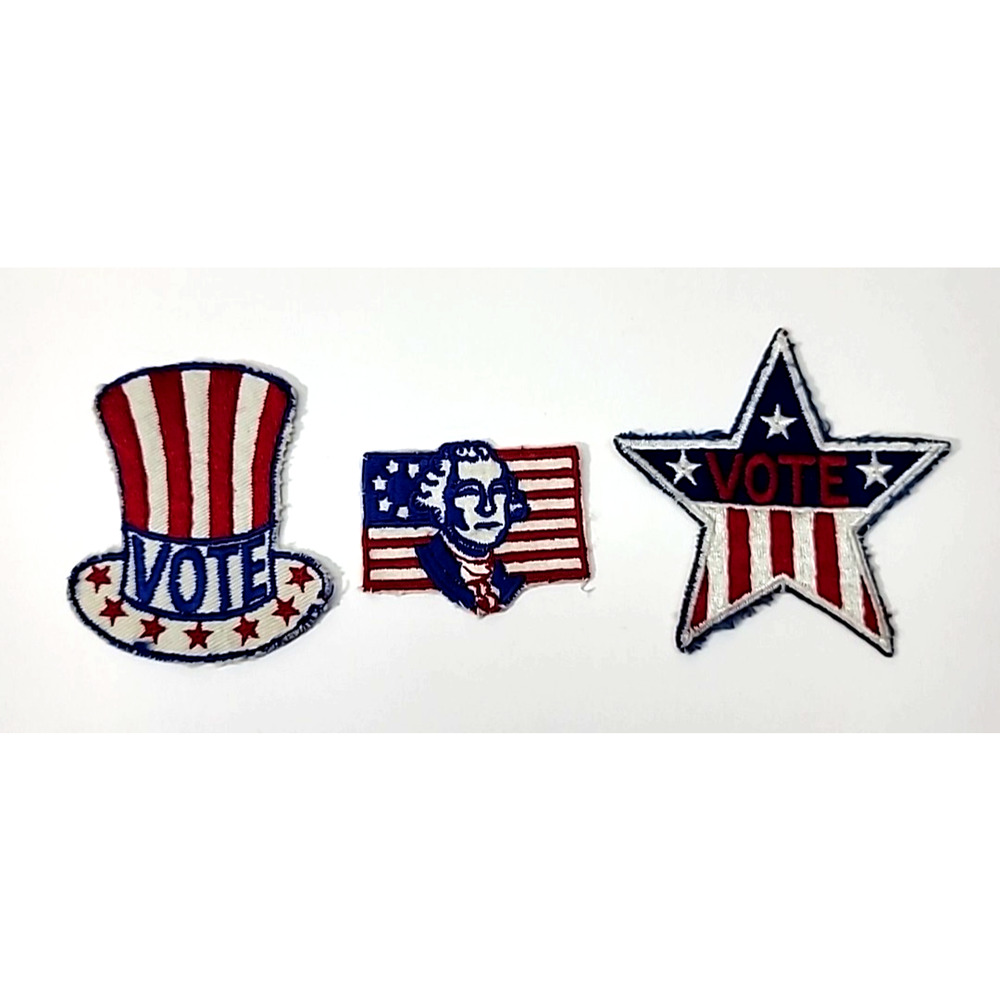 Set Of 3 Vtg Sew-On Patches-Vote Uncle Sam Hat & Star Flag+G. Washington on Flag